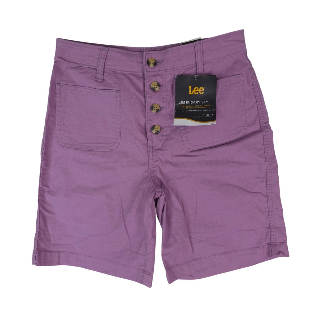 Lee Shorts Women 4 Dark Plum High Rise Relaxed Fit Button Fly Cotton Bermuda New